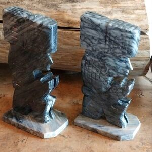 Mayan Aztec warrior marble sculpture bookends, solid marble and tall 9" x 5"